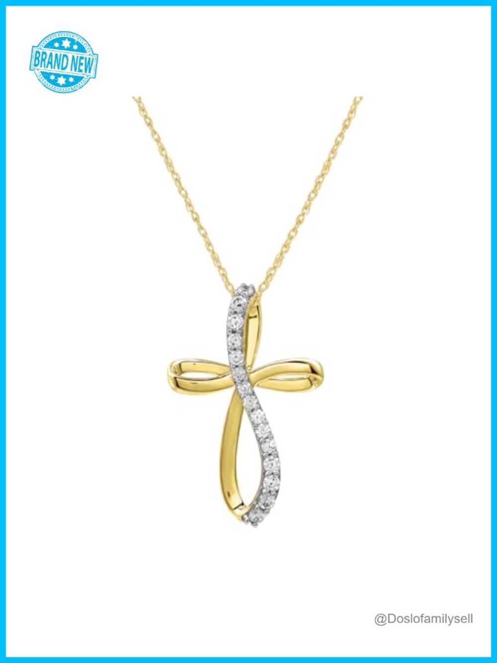 10K Yellow Gold Diamond Twist Cross Necklace 18" Rope Chain